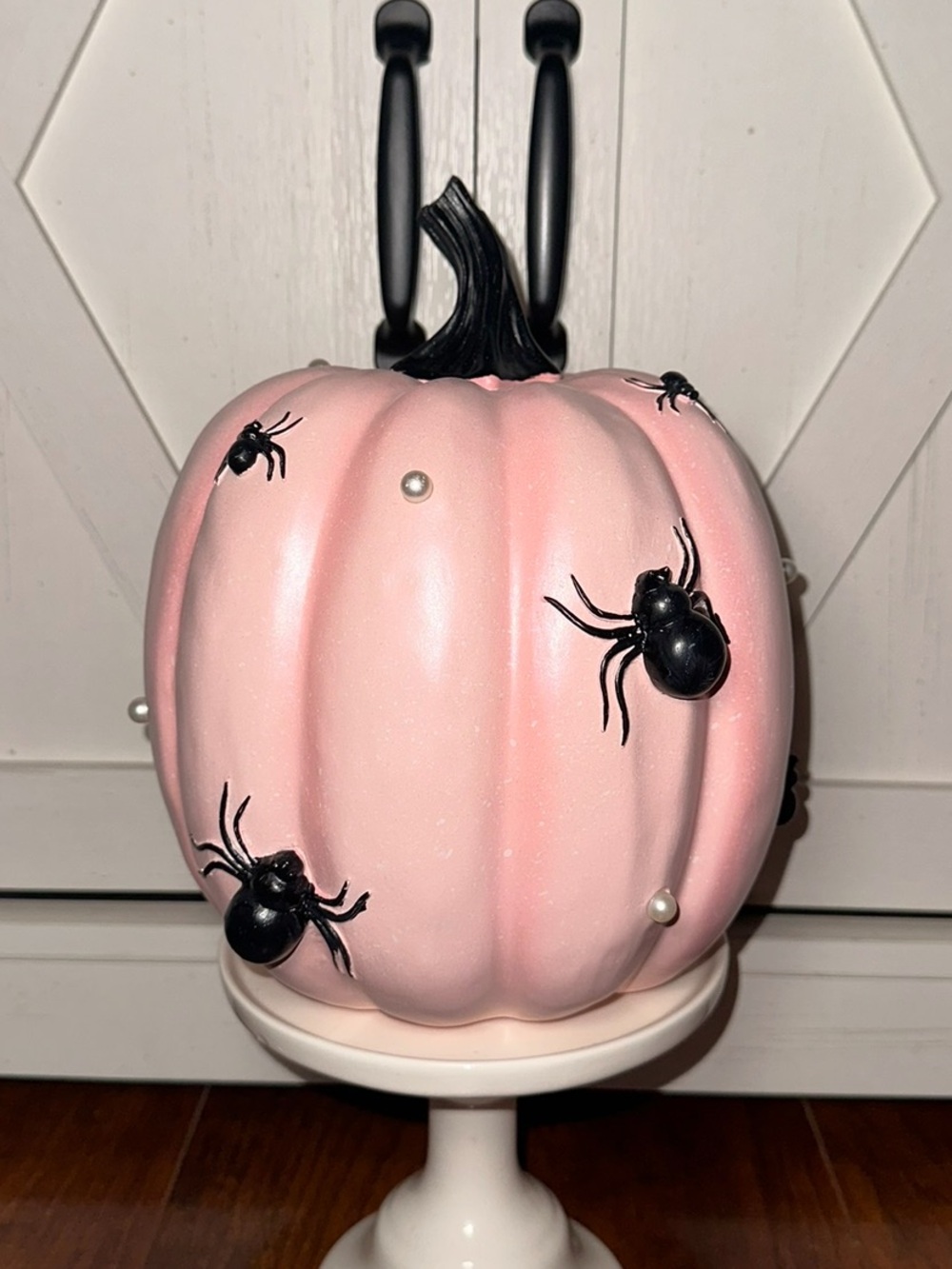 Decorative Pink Pumpkin Accent with Pearls & Black Spider Details